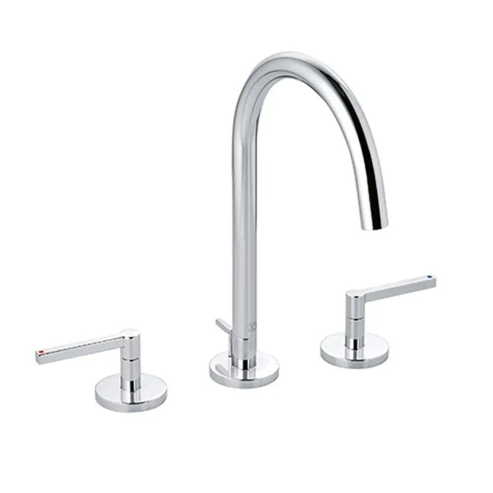 Waschtischarmatur in verchromtem Finish von Kludi, bestehend aus einem hohen Auslauf und zwei separaten Hebelmischern für kaltes und warmes Wasser.